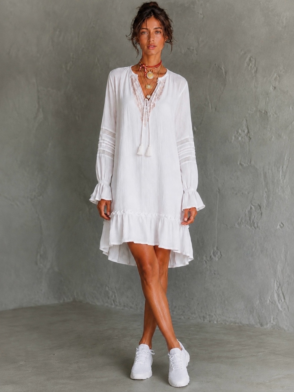 New🌺$225JohnnyWas Ghenar Gauze Ruffle Tier Mini Dress White Cotton Embroidered L